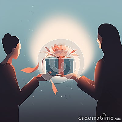 Heartwarming Scene of Giving Thoughtful Gifts or Favors in a Minimalist Style Cartoon Illustration