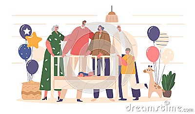 Heartwarming Scene With Happy Family Characters Gather At Home To Meet Arrival Of A Newborn, Vector Illustration Vector Illustration