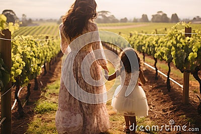 A heartwarming scene of a mother and daughter happily walking side by side amidst lush green vines in a serene vineyard, A Stock Photo