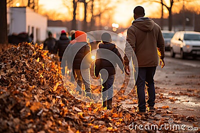 Father and son walk hand in hand through piles of autumn leaves on the roadside Stock Photo