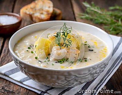 hearty bowl of Cullen Skink, a traditional Scottish soup, served with grilled bread on a rustic wooden table, suggesting a Stock Photo