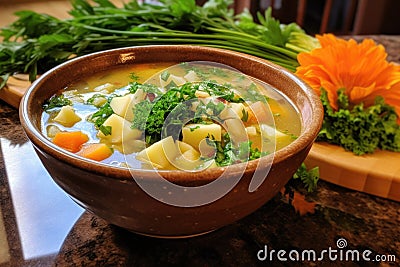 hearty bowl of homemade soup with garnish Stock Photo