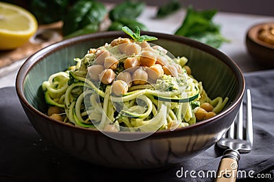 hearty bowl of zucchini pasta with pesto and chickpeas Stock Photo