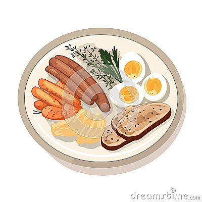 Hearty Breakfast Delight: Sausage and Egg on Plate Vector Illustration