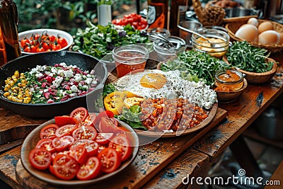 Hearty Breakfast of Fried Eggs and Tomatoes extreme closeup. Generative AI Stock Photo