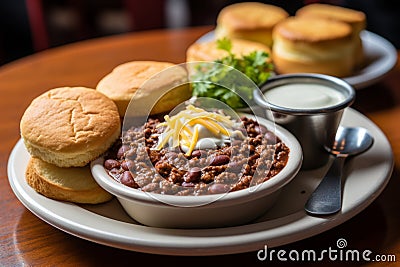 Hearty chili bowl with cornbread and sour cream under dusk sky, shot with ultra wide angle lens Stock Photo