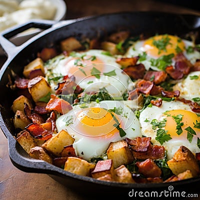 A hearty skillet breakfast featuring eggs, bacon, and potatoes, perfect for a fulfilling start to the day Stock Photo