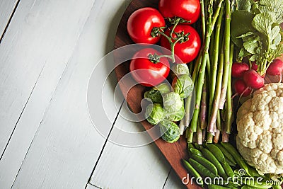 Hearty, tasty, wholesome. a variety of fresh produce on a wooden chopping board. Stock Photo