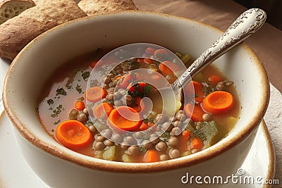 hearty vegetable soup, warming aroma, chunky carrots Editorial Stock Photo