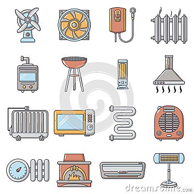 Heat cool air flow tools icons set, cartoon style Vector Illustration