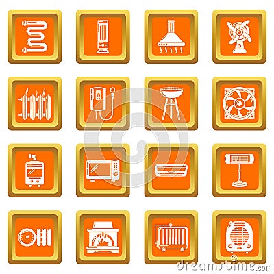 Heat cool air flow tools icons set orange square vector Vector Illustration