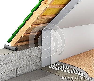 Heat insulation of roofs of the house and installation of a warm floor. 3d Cartoon Illustration