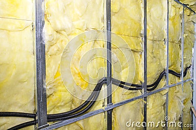 Heat isolation with mineral wool Stock Photo