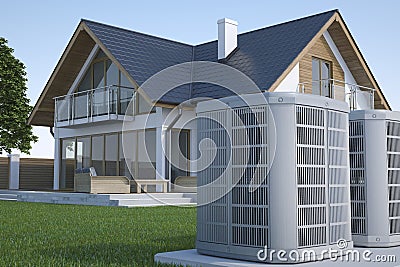 Air heat pump and house, 3d illustration Stock Photo