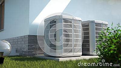 Air heat pumps beside house, 3D illustration Stock Photo