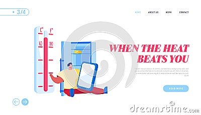 Heat Stroke, Extremal Heating Conditions Landing Page Template. Unhappy Male Character Sit at Home Vector Illustration