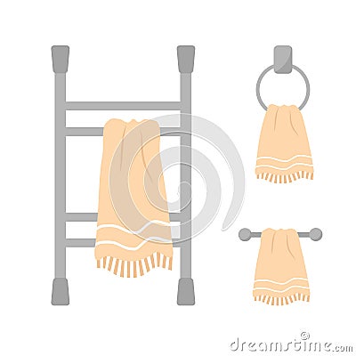 Heated towel rail set. Equipments with hand drawn towels for bathroom. Vector Illustration