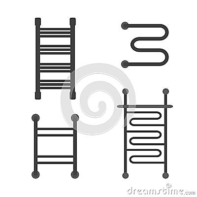 Heated towel rail set. Modern equipments for bathroom. Black metal towel racks. Vector Illustration