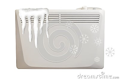 The heater does not heat, covered with snow and icicles. Problems with heating in the house Stock Photo