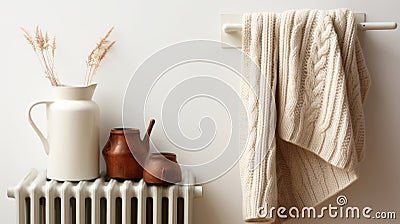 Home heating radiator close-up. Warm knitted blanket hangs next to central heating battery Stock Photo