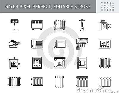 Heaters line icons. Vector illustration include icon - electric fireplace, pellet stove, thermostat, convector radiator Vector Illustration