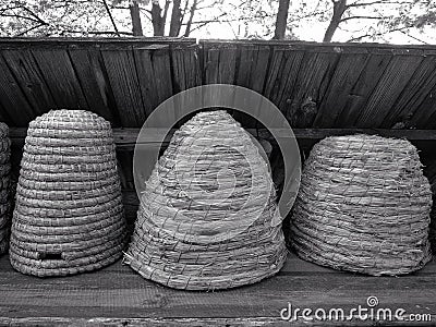 Heath beekeeping, straw hives, beehives Stock Photo