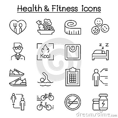 Heath , Fitness, Diet icon set in thin line style Vector Illustration