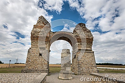 Heathens` Gate in Petronell Carnuntum on a stormy, cloudy day Stock Photo