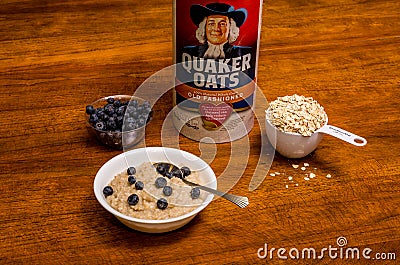 Heathy Breakfast of Oatmeal and Blueberries Editorial Stock Photo