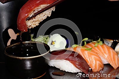 Seafood plate, green heathy food, grill, sushi, Stock Photo