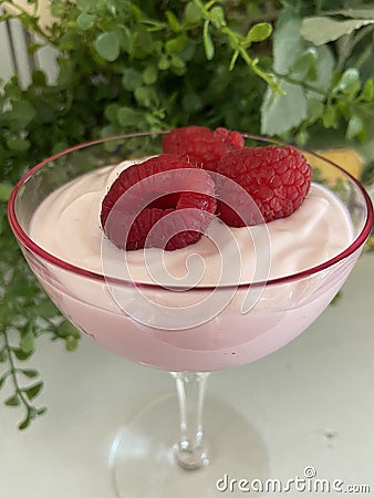 Heathy Morning Breakfast or Afternoon Snack of Raspberry Yogurt topped with fresh Raspberries Stock Photo