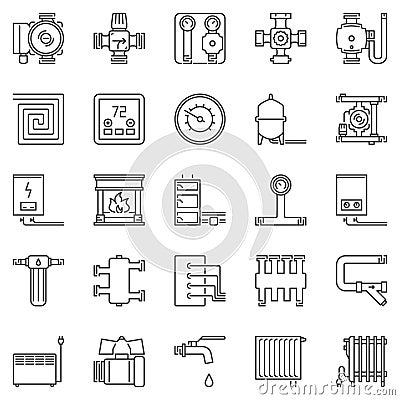 Heating and boiler room outline icons set. Vector heaters signs Vector Illustration