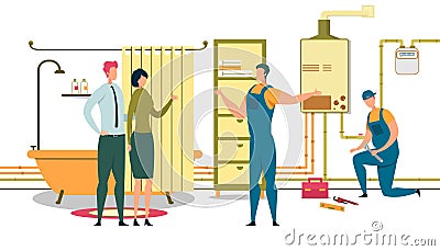 Heating Company Technicians Team Installing Boiler Vector Illustration