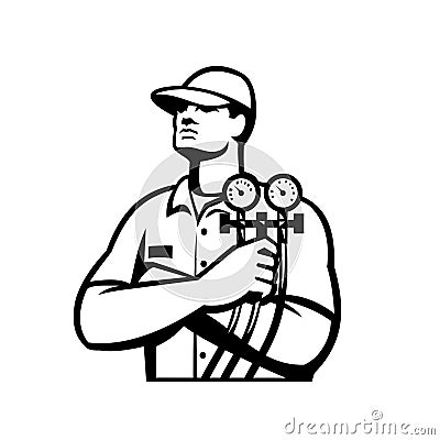 Heating and Cooling Refrigeration Technician Retro Black and White Vector Illustration