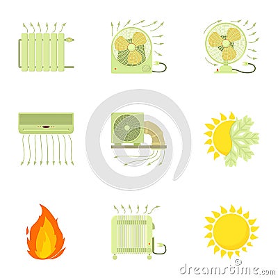 Heating icons set, cartoon style Vector Illustration