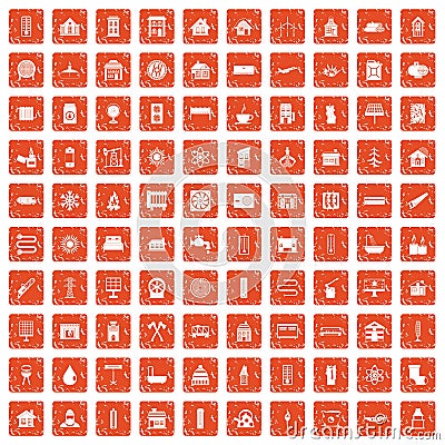 100 heating icons set grunge orange Vector Illustration