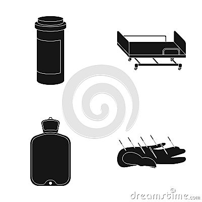 Heating pad, hospital gurney, acupuncture.Mtdicine set collection icons in black style vector symbol stock illustration Vector Illustration