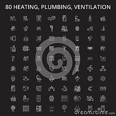 Heating, plumbing, ventilation editable line icons vector set on black background. Heating, plumbing, ventilation white Vector Illustration