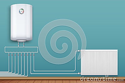 Heating radiator and boiler in room Vector Illustration