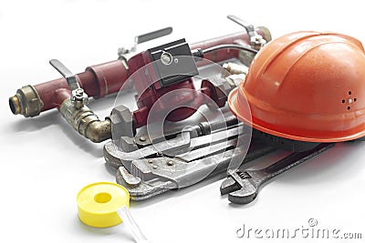 heating system, bypass with circulation pump and plumbing tool Stock Photo