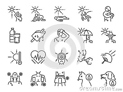 Heatstroke line icon set. Included icons as heat, stroke, faint, hot, sick, summer and more. Vector Illustration