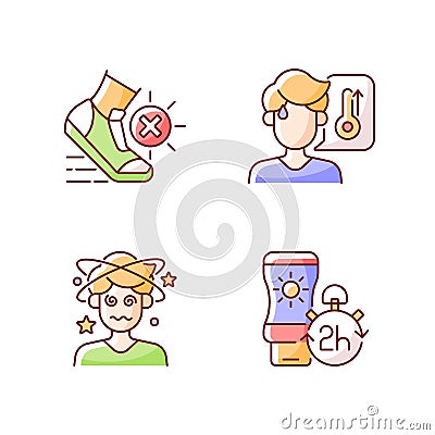 Heatstroke prevention RGB color icons set Vector Illustration