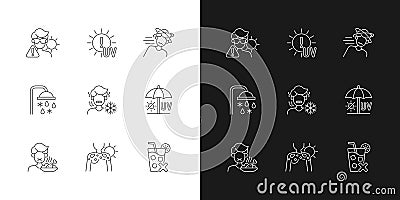 Heatstroke risk during summer linear icons set for dark and light mode Vector Illustration