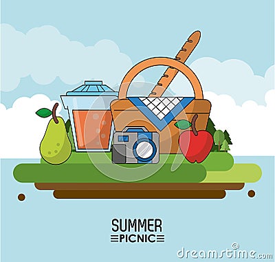 Heaven background poster of summer picnic with outdoor landscape with picnic basket fruits and juice jar and photo Vector Illustration