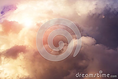 Heaven. Epic Dramatic storm cumulus clouds with sun and sunlight Stock Photo