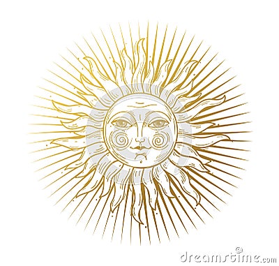 Heaven illustration, stylized vintage design, sun with face, hand drawing, engraving. Mystical design element in boho Cartoon Illustration