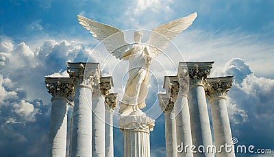 A heavenly angel in front of columns rising from clouds into the sky. Stock Photo