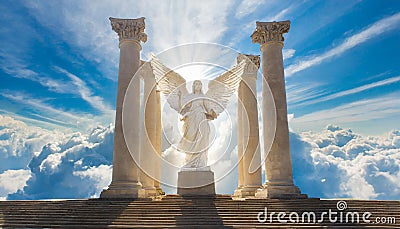 A heavenly angel in front of columns rising from clouds into the sky. Stock Photo