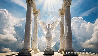 A heavenly angel in front of columns rising from clouds into the sky. Stock Photo