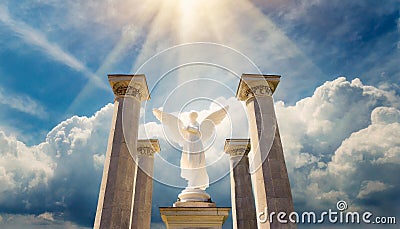 A heavenly angel in front of columns rising from clouds into the sky. Stock Photo